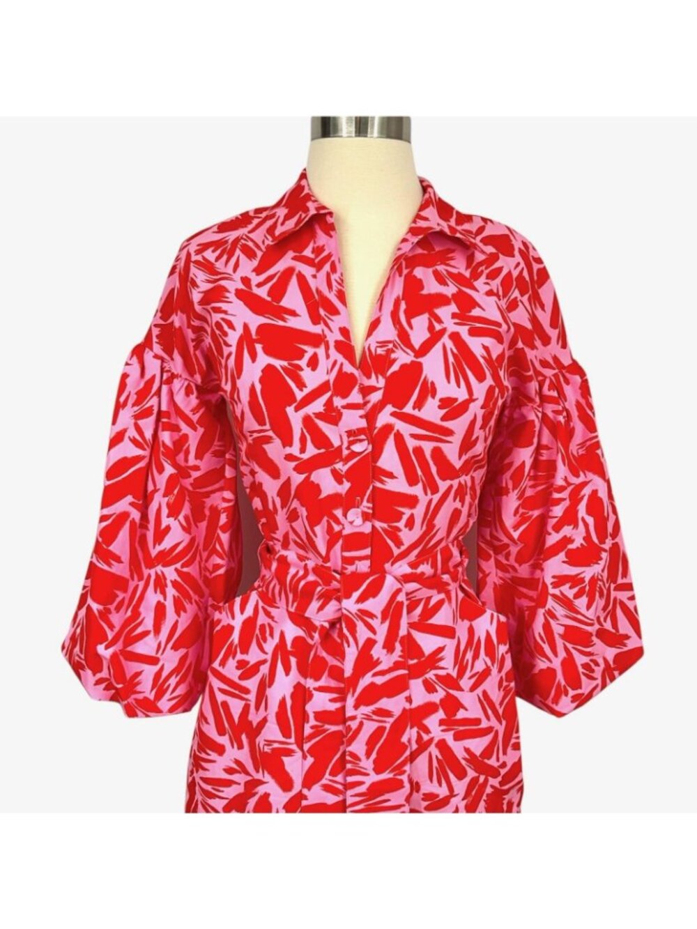 Veronica Beard Samy Shirt Dress Womens 00 Pink Abstract Belted 3/4 Sleeve Mini - Picture 2 of 13
